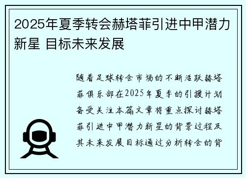2025年夏季转会赫塔菲引进中甲潜力新星 目标未来发展