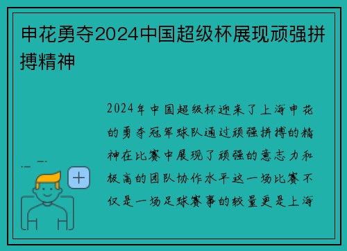 申花勇夺2024中国超级杯展现顽强拼搏精神 申花勇夺2024中国超级杯展现顽强拼搏精神