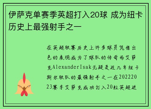 伊萨克单赛季英超打入20球 成为纽卡历史上最强射手之一 伊萨克单赛季英超打入20球 成为纽卡历史上最强射手之一